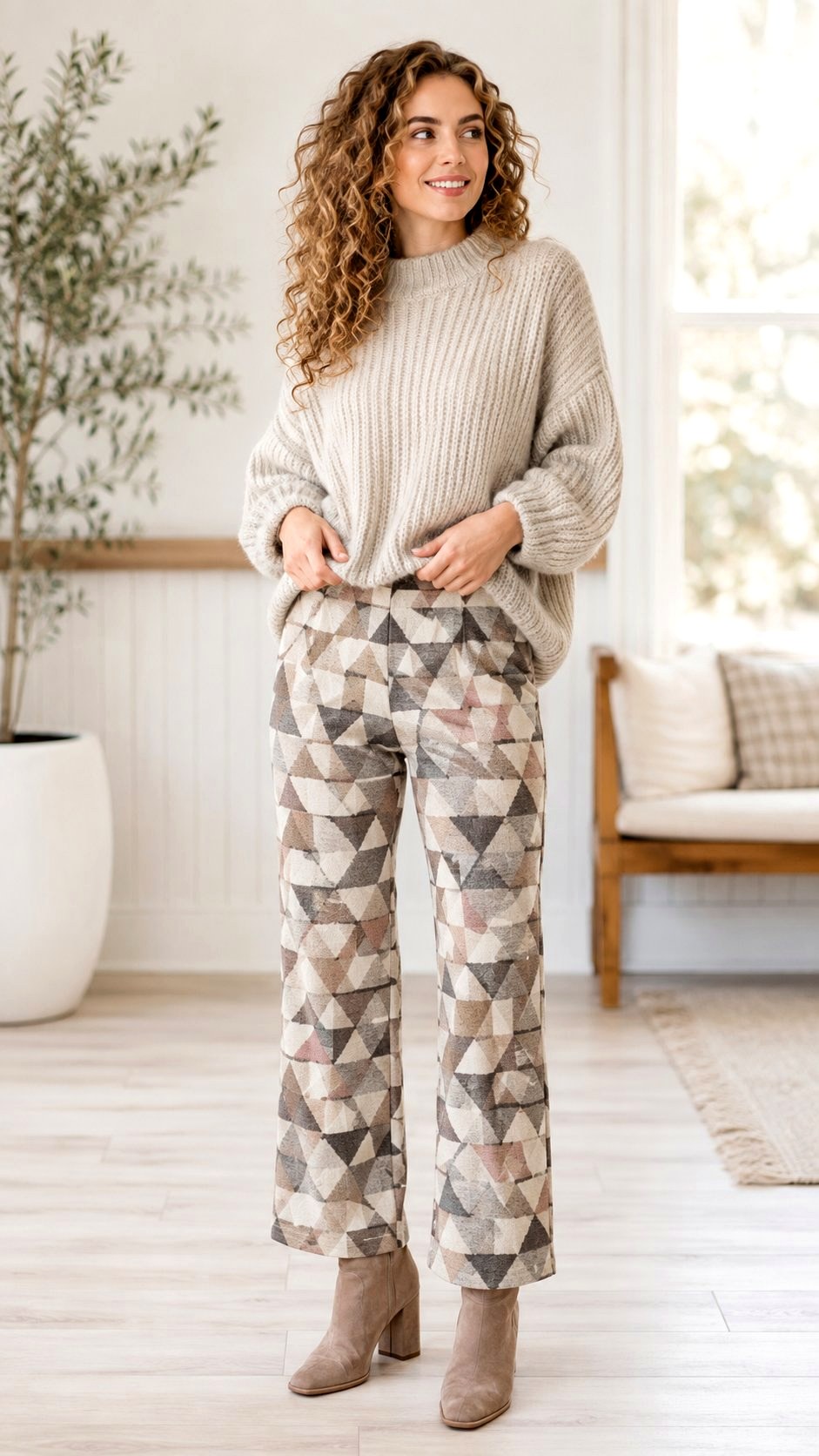 Geometric Print Trousers with Sweater - 23 printed pants style ideas
