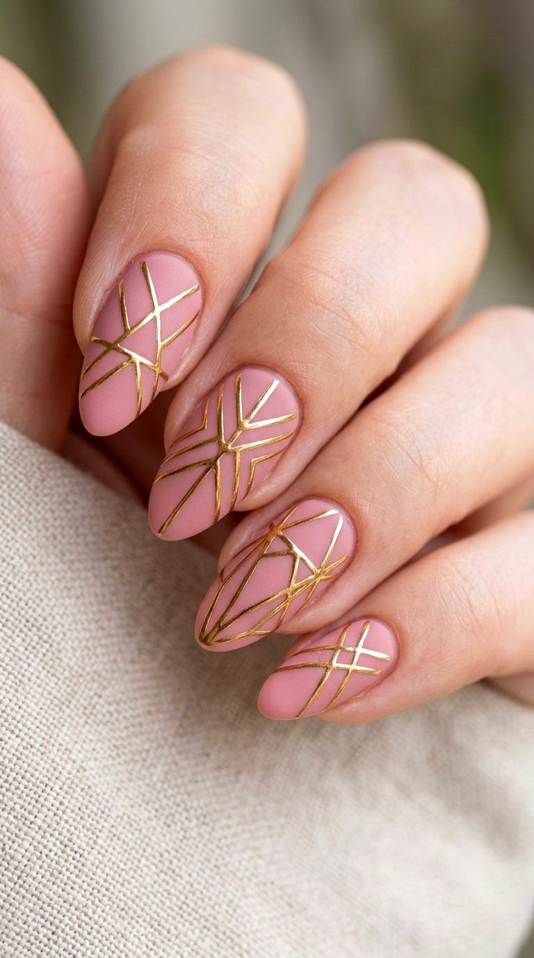 Geometric Rose Gold Line Art - 20 Desert Rose Pink Nail Ideas