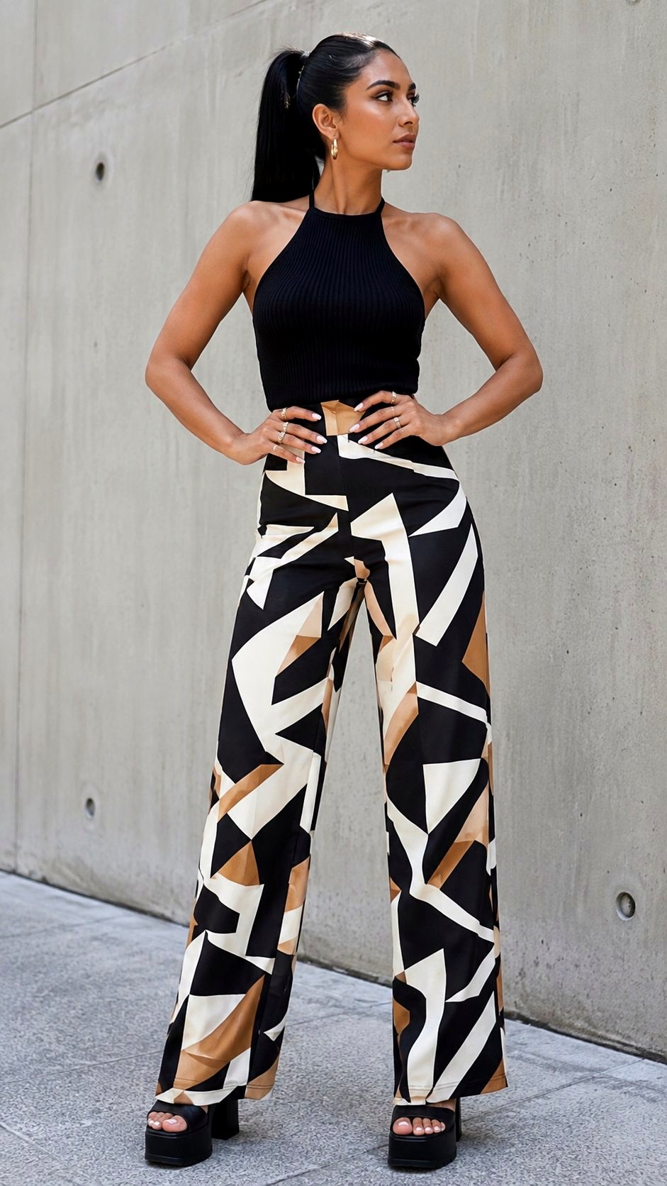 Geometric Trousers With Knit Halter Top - 23 printed trousers outfit ideas