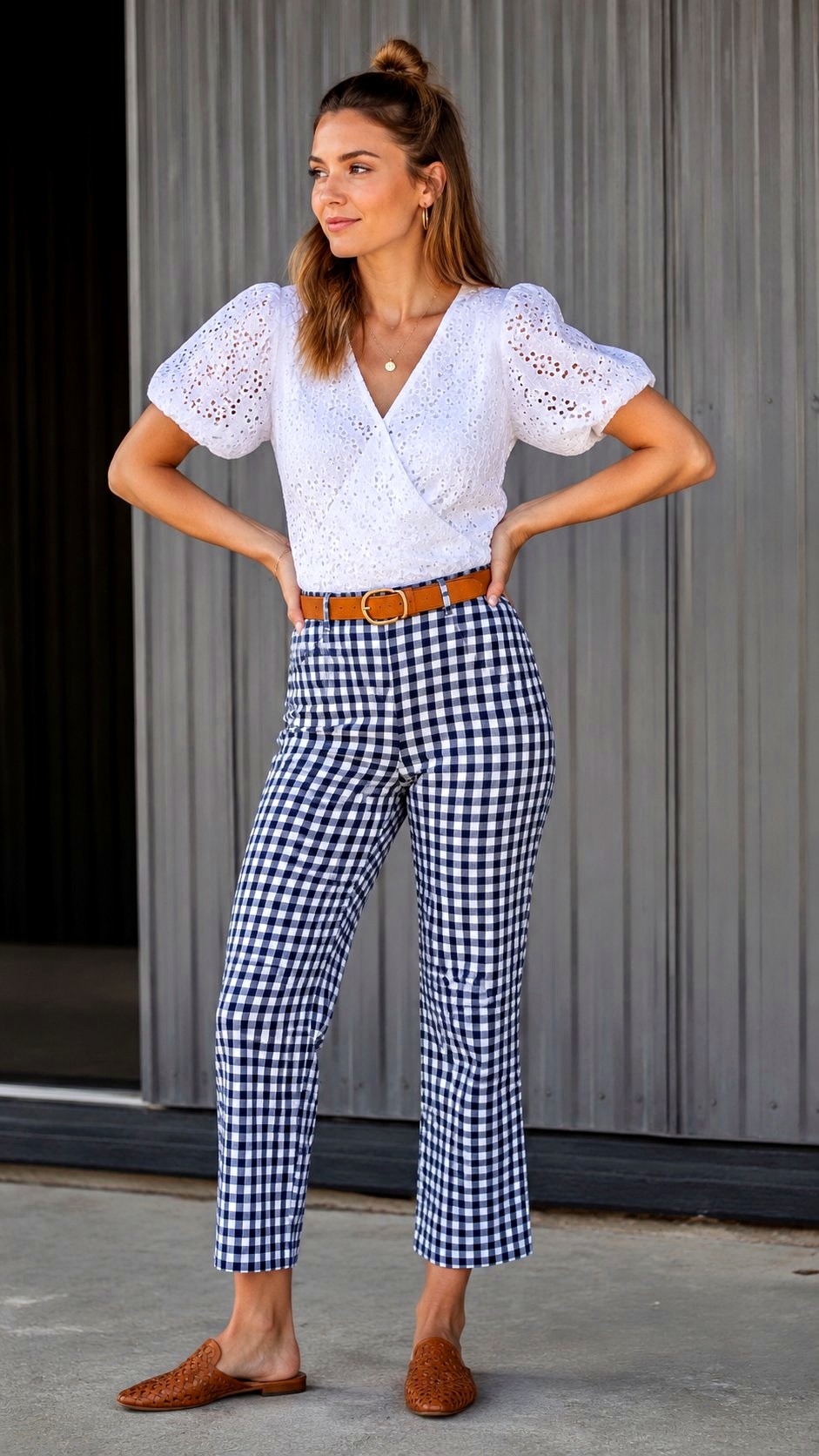 Gingham Trousers With White Eyelet Top - 23 printed trousers outfit ideas