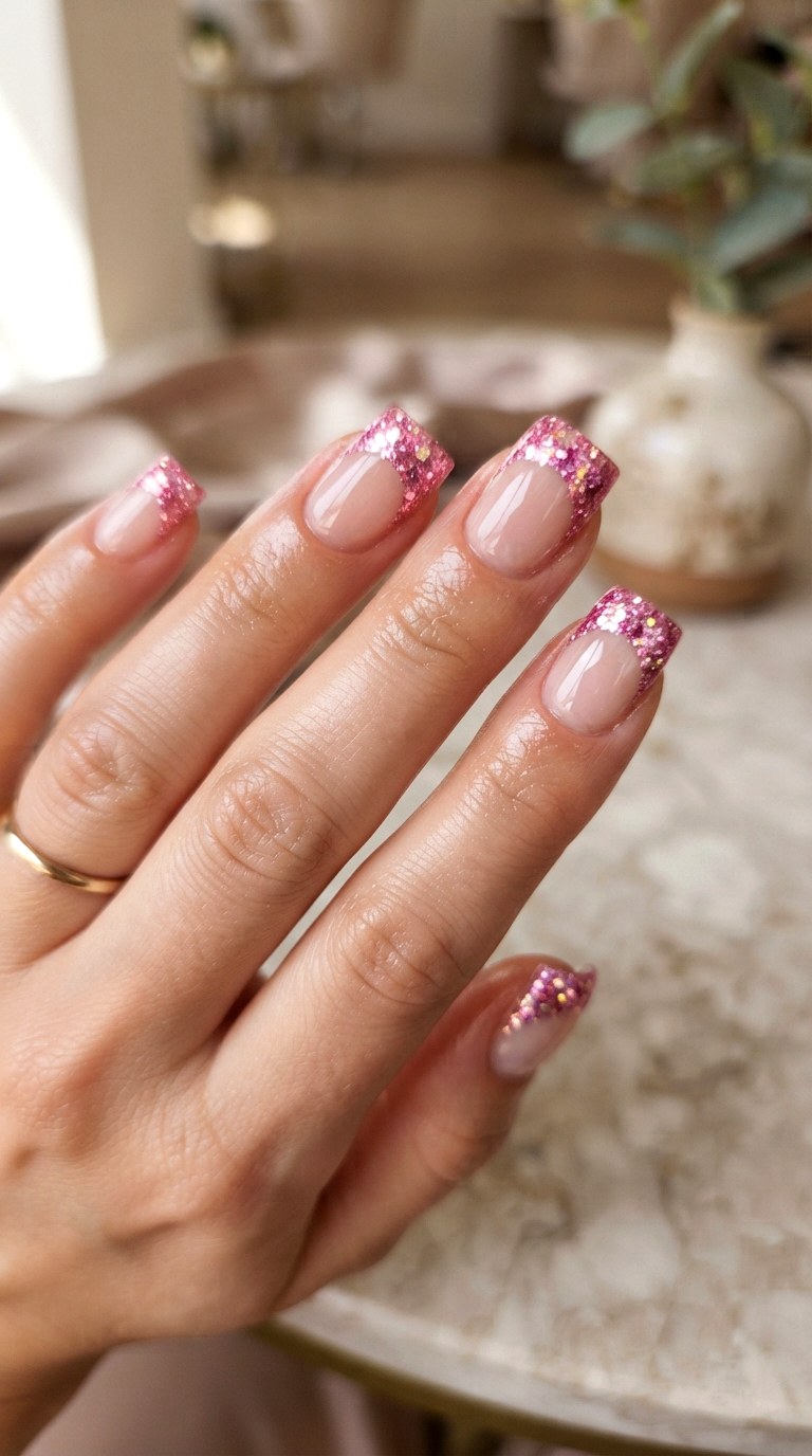 Glitter Bright Pink French Nails - 22 bright pink french nails