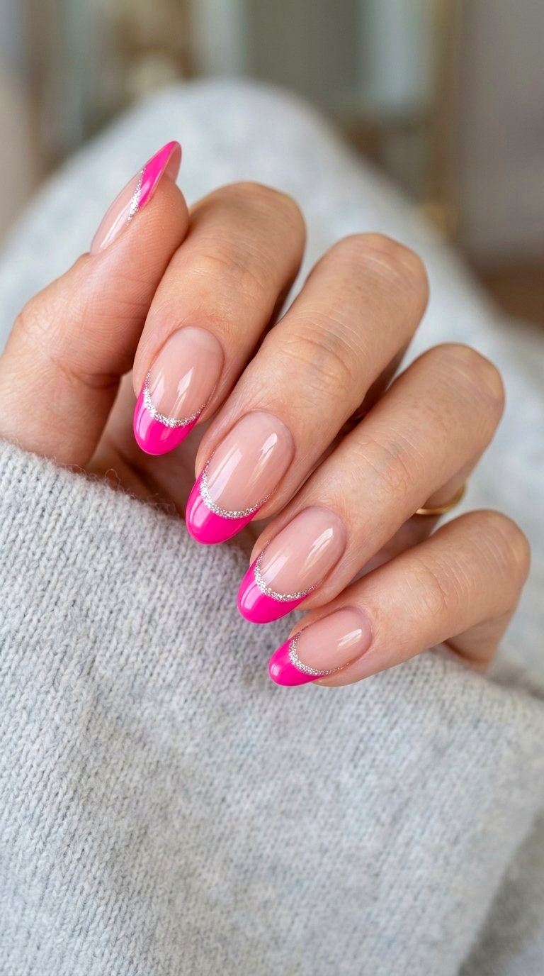 Glitter Outlined Bright Pink French Tip Nails - 21 bright pink french tip nails
