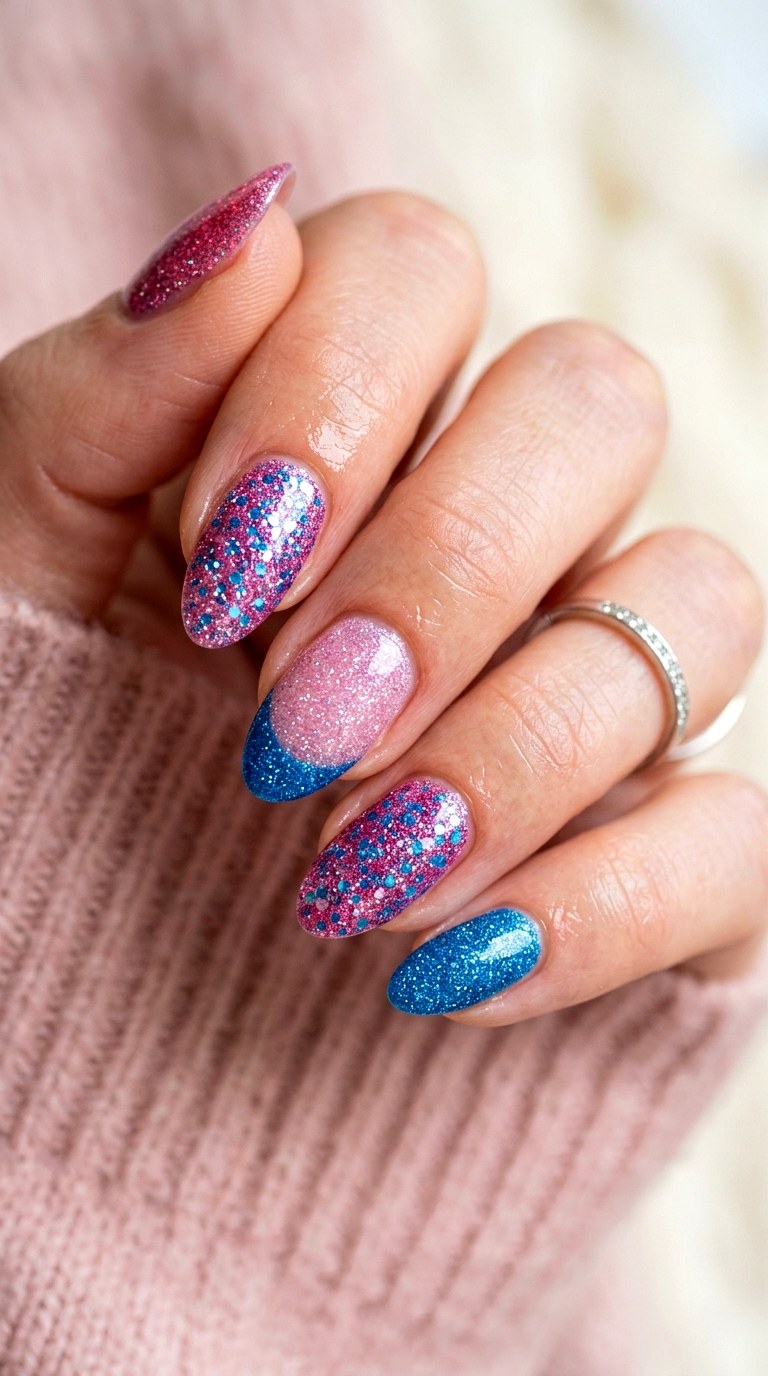 Glitter Pink and Blue Accent Nails - 23 pink and blue french tip nails