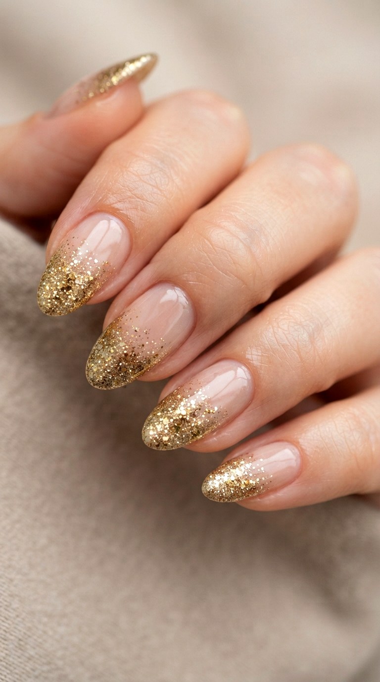 Glittering Gold Flaked French - 21 deep french tip nail art ideas