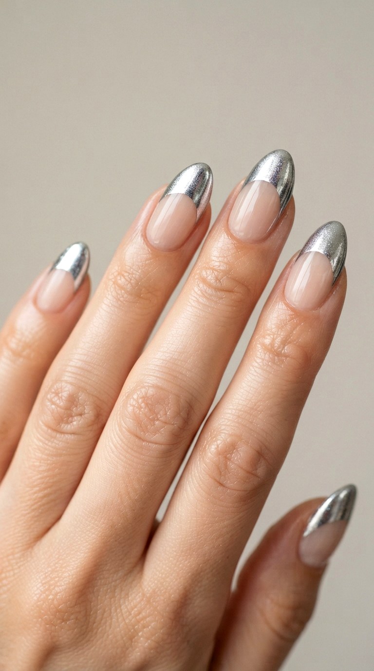 Glittering Silver Chrome French Tips - 24 thick french tip nail art designs