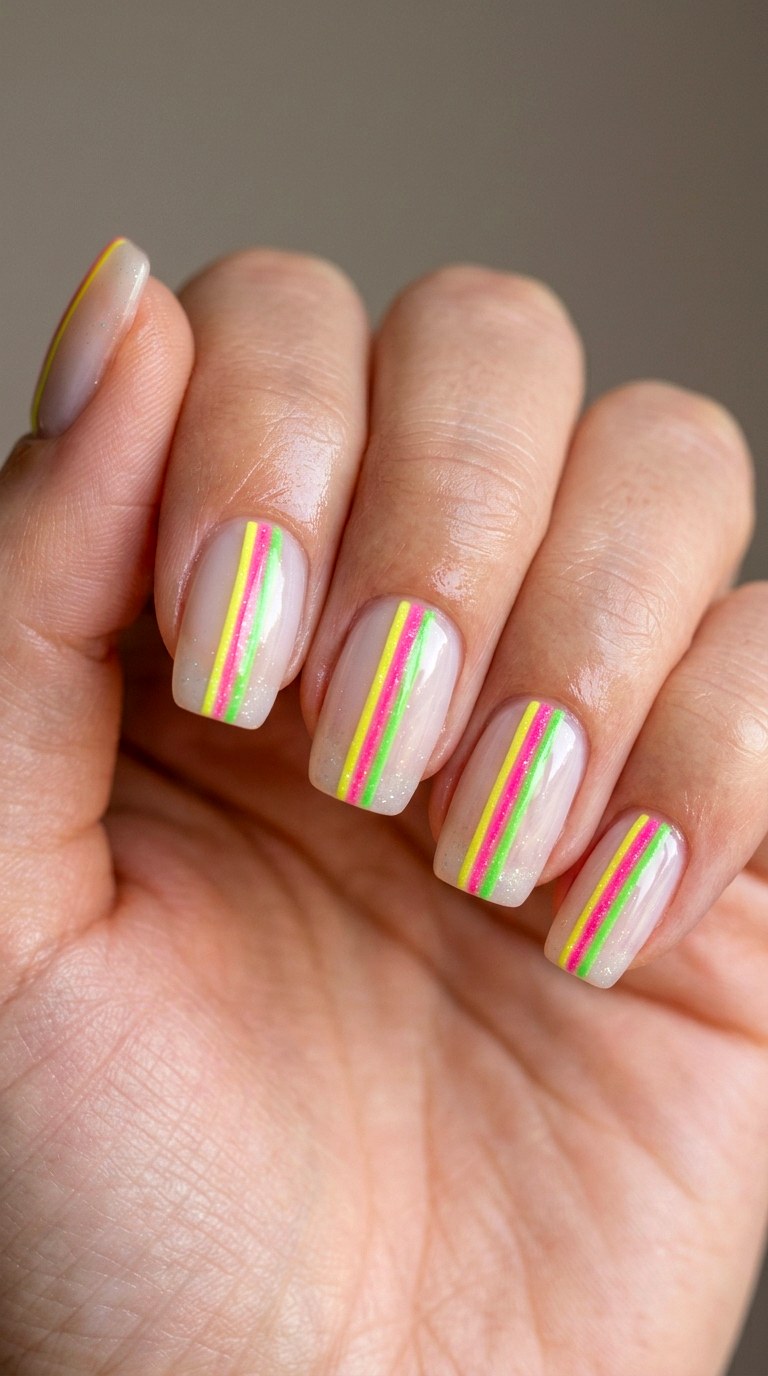 Glittery Highlighter Strip Nail Art - 23 back to school nail art ideas