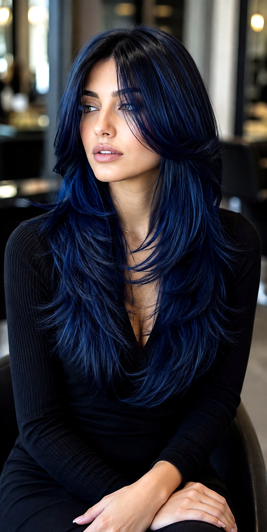 Glossy Midnight Blue with Face Frames - 22 haircut long layers ideas