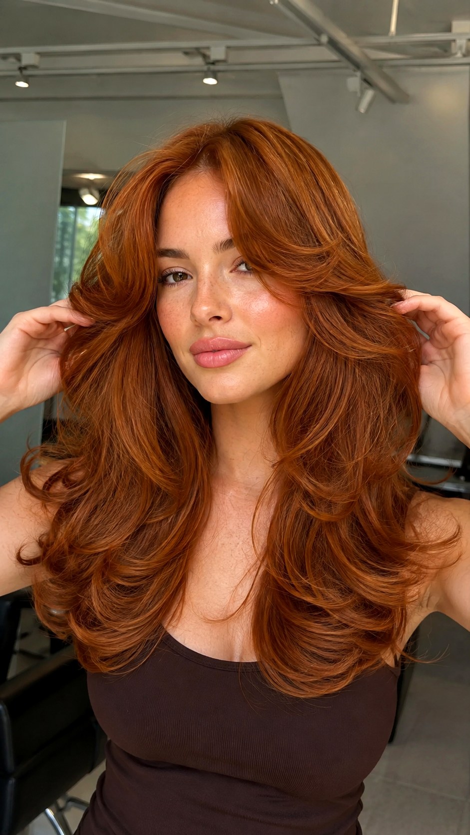 Glowing Voluminous Copper Blowout - 23 curtain bangs copper hair ideas