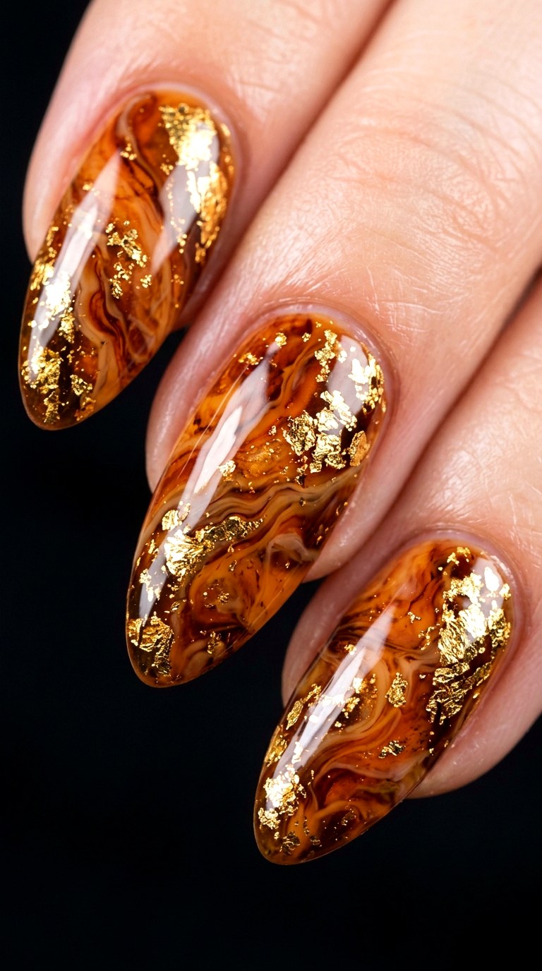 Gold Foil Embedded Marble Manicure - 22 Glossy Amber Marble Nails