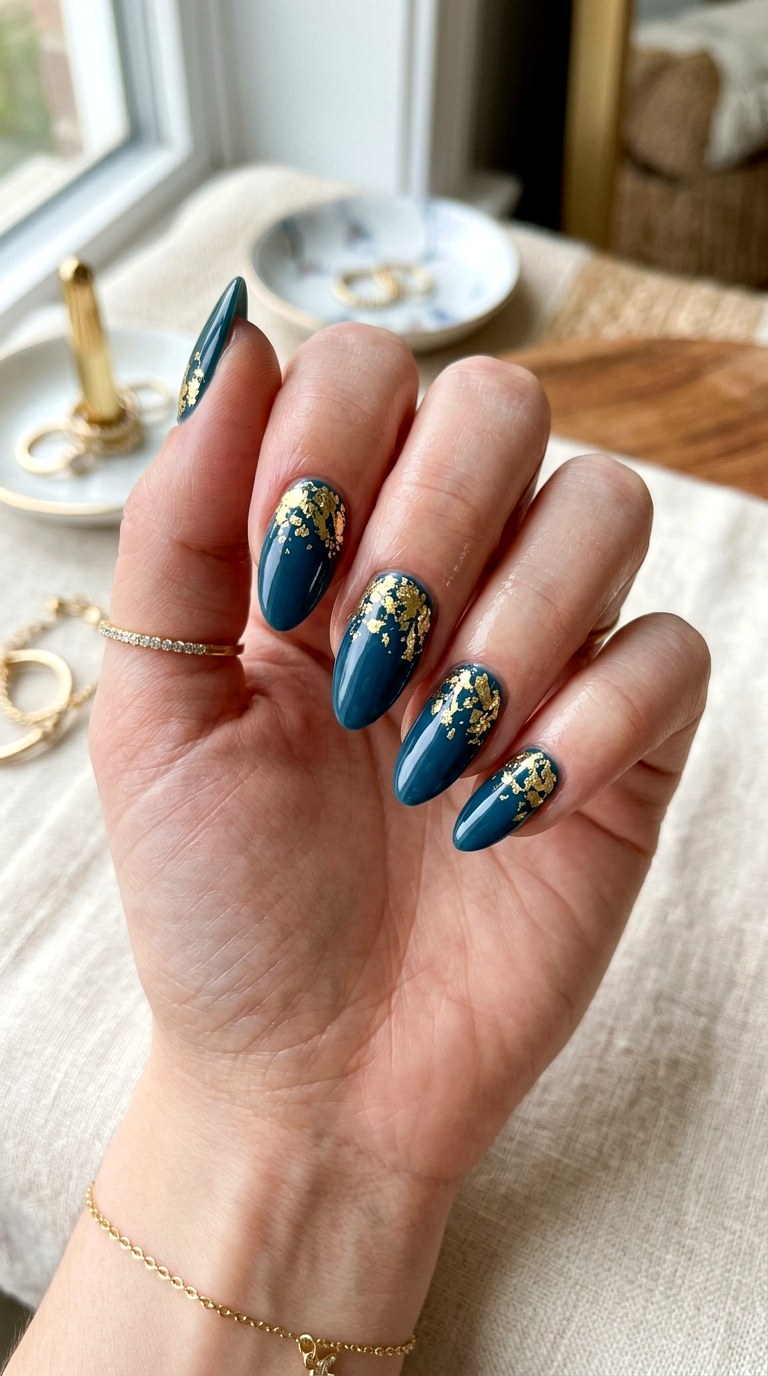 Gold Foil Teal Nail Art - 24 Teal Nail Art Ideas
