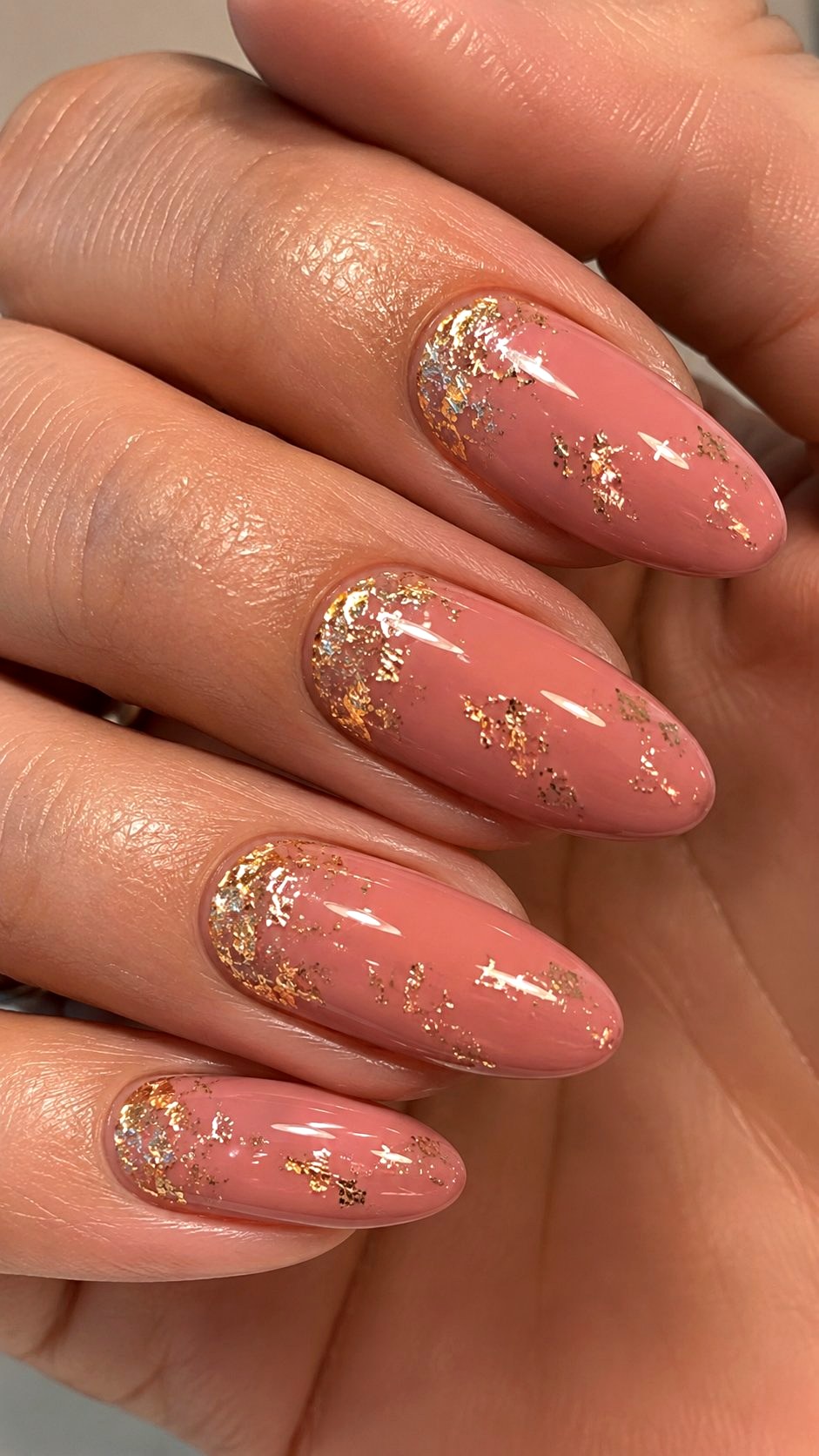 Golden Foil Accented Rose Nails - 20 Desert Rose Pink Nail Ideas