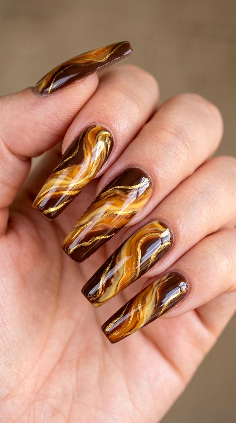 Golden Honey Swirl Coffin Nails - 22 Glossy Amber Marble Nails