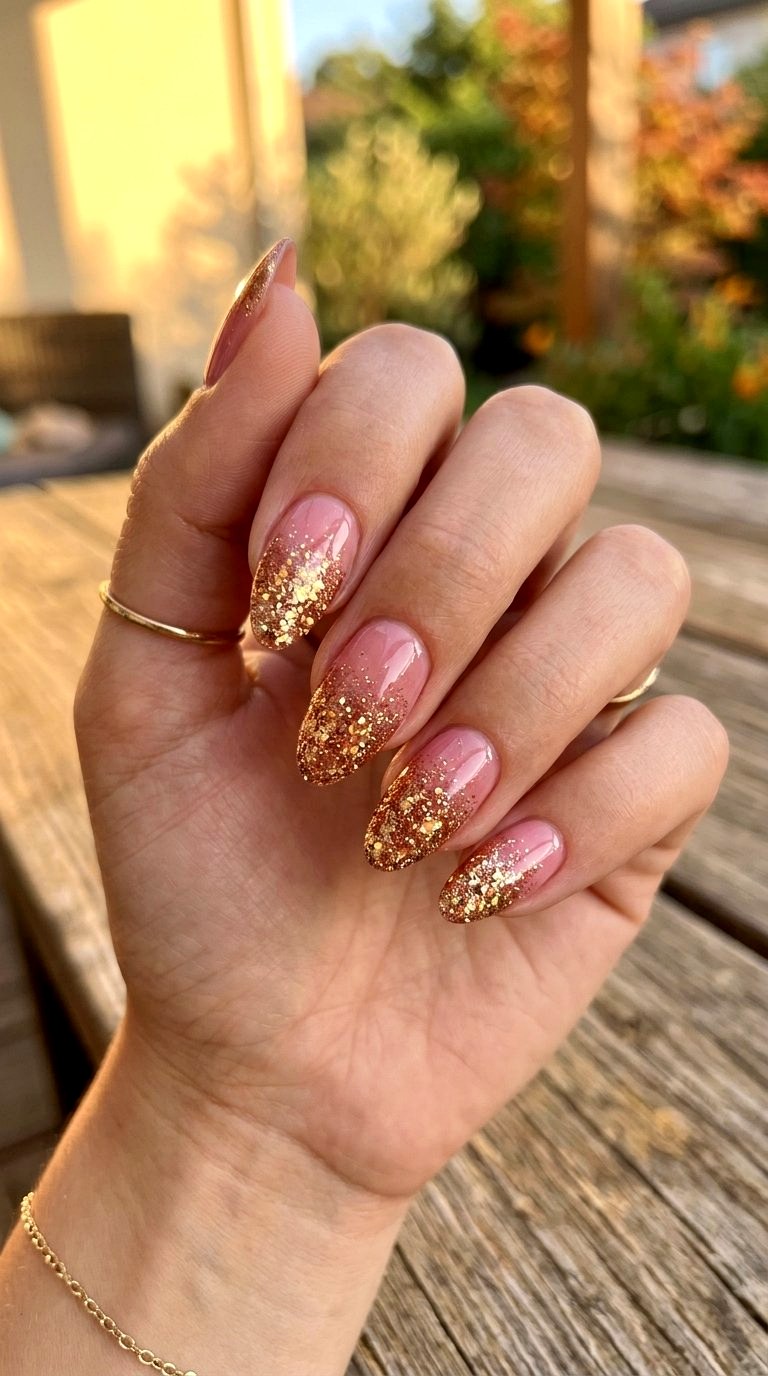 Golden Hour Glitter Medium Almond Summer Nails - 20 Medium Almond Summer Nails