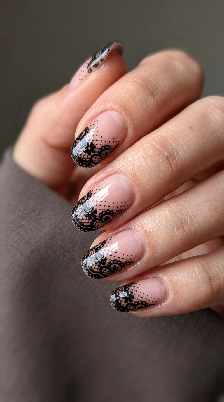 Gothic Black Lace and Mesh Nails - 24 teen nail art ideas