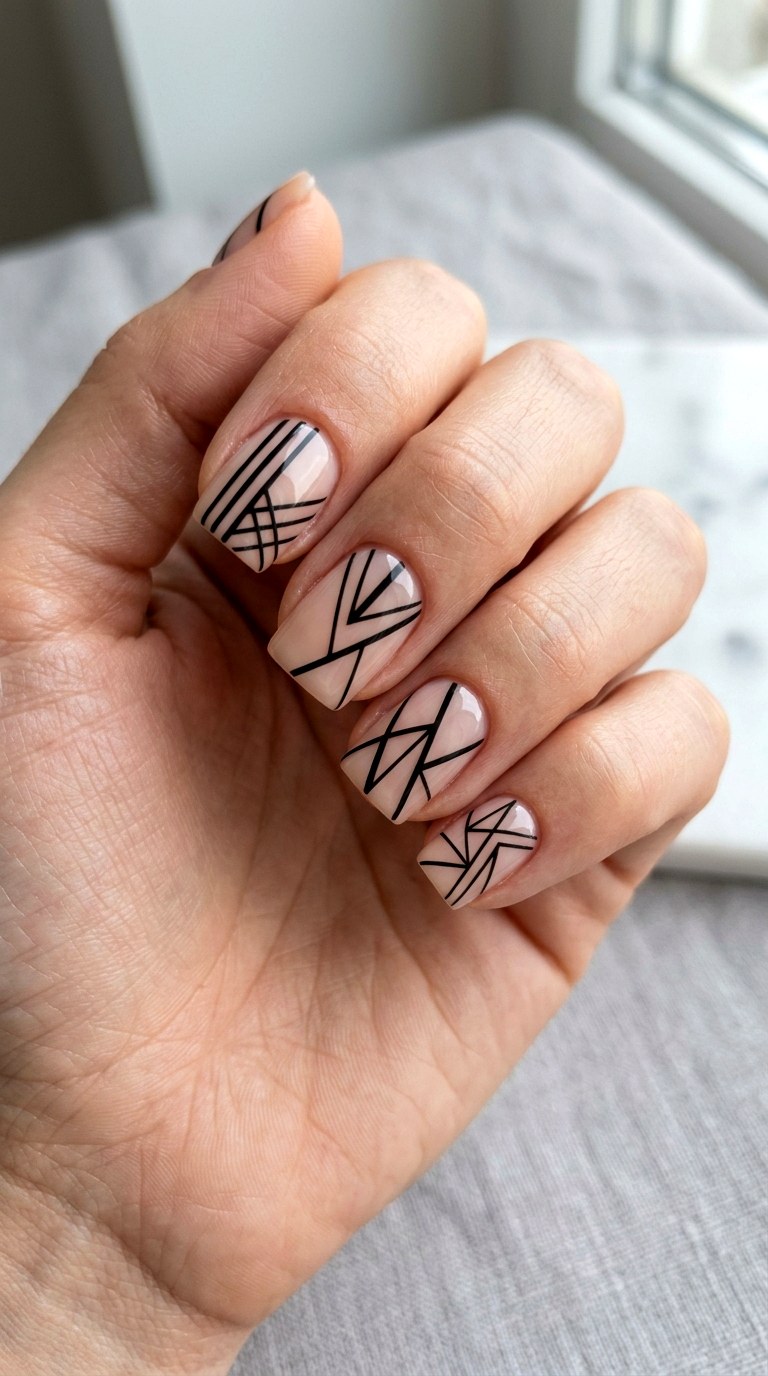 Graphic Black Geometric Lines - 24 Easy Nail Design Ideas