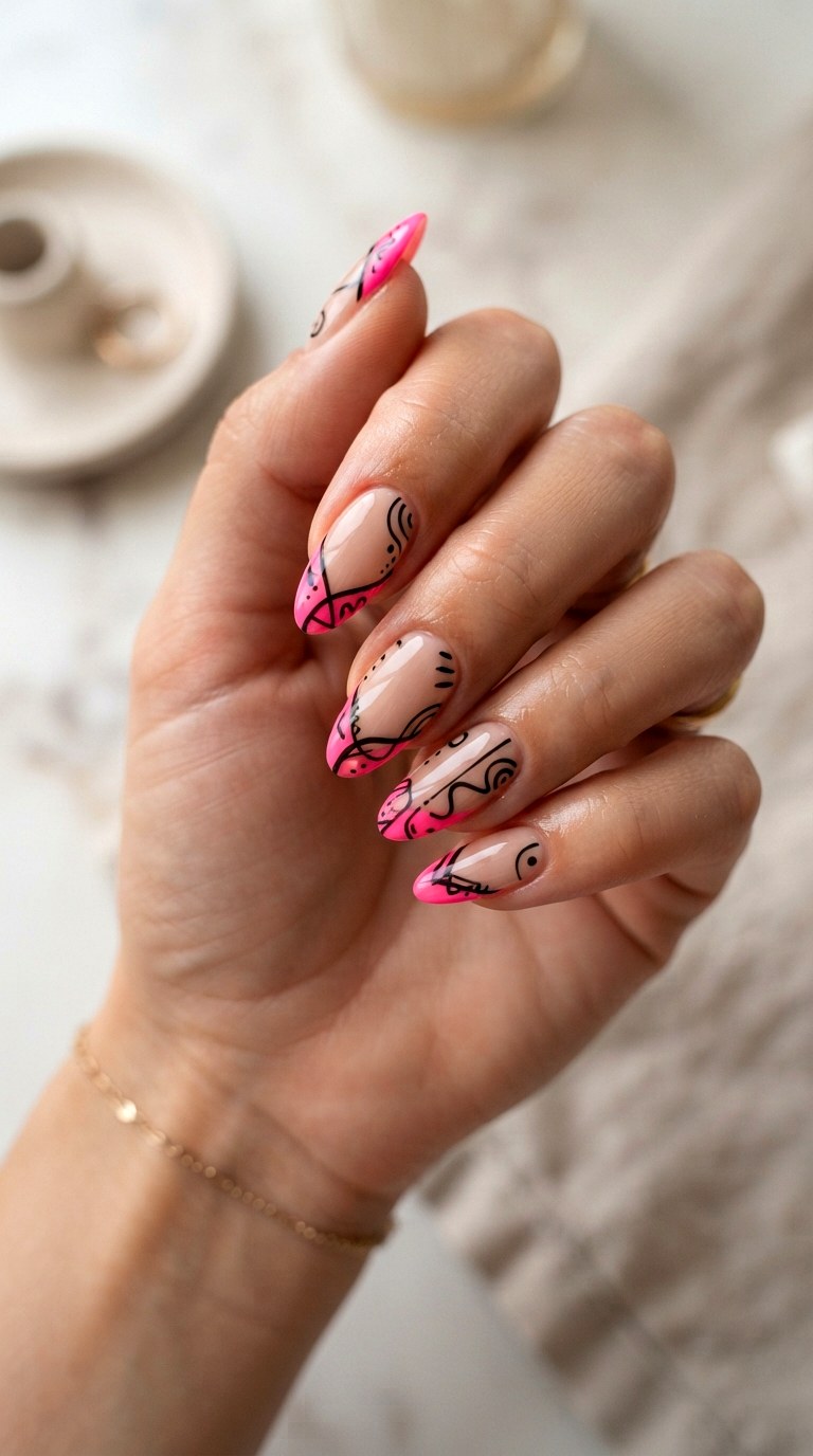 Graphic Bright Pink French Nails - 22 bright pink french nails