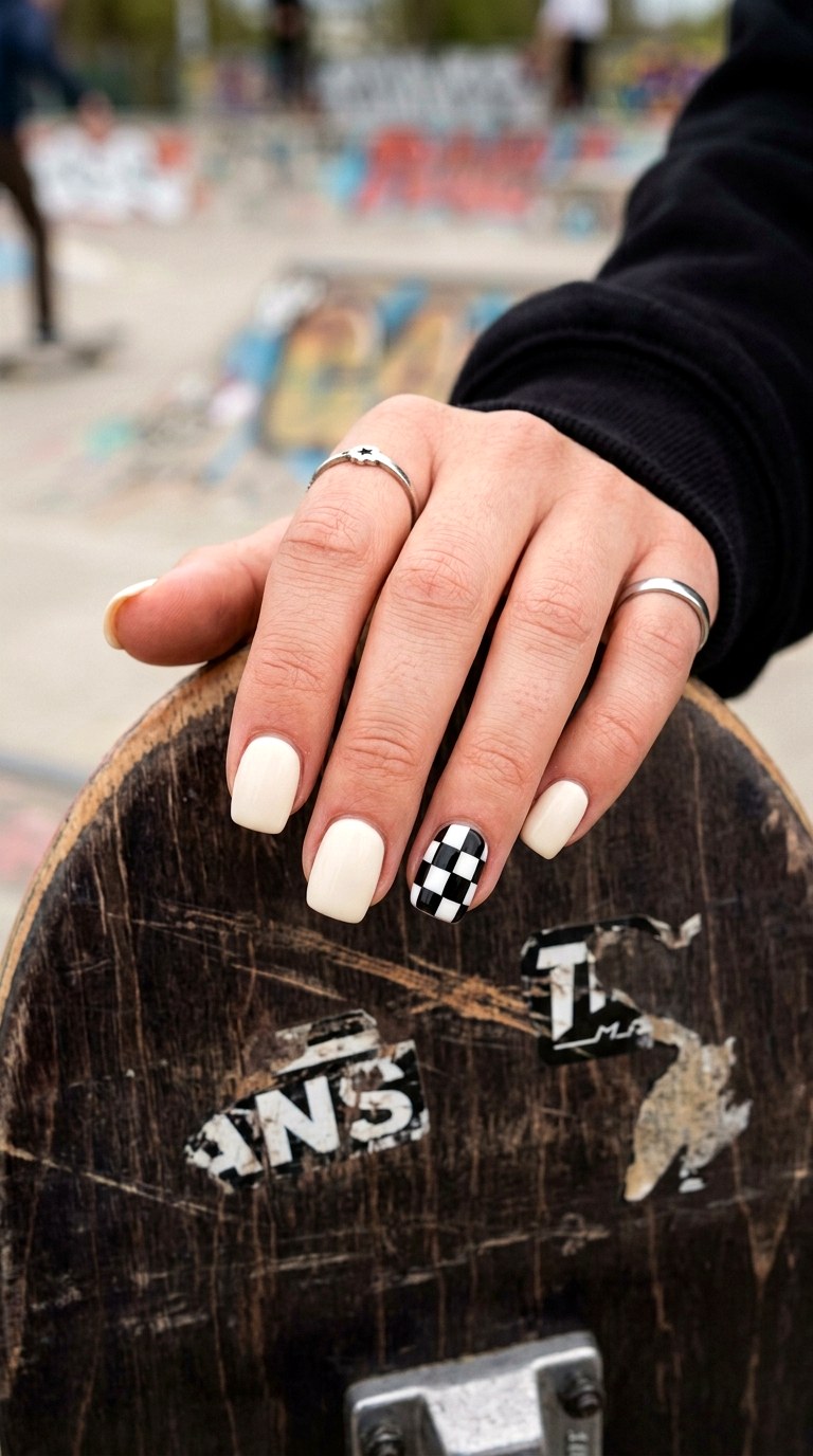 Graphic Checkerboard Accent - 24 Easy Nail Design Ideas