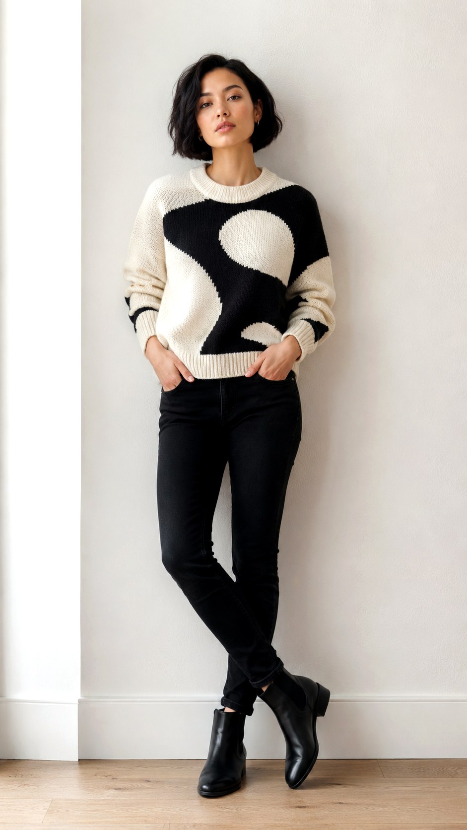 Graphic Knit and Black Jeans - 21 sweater and jean outfit ideas
