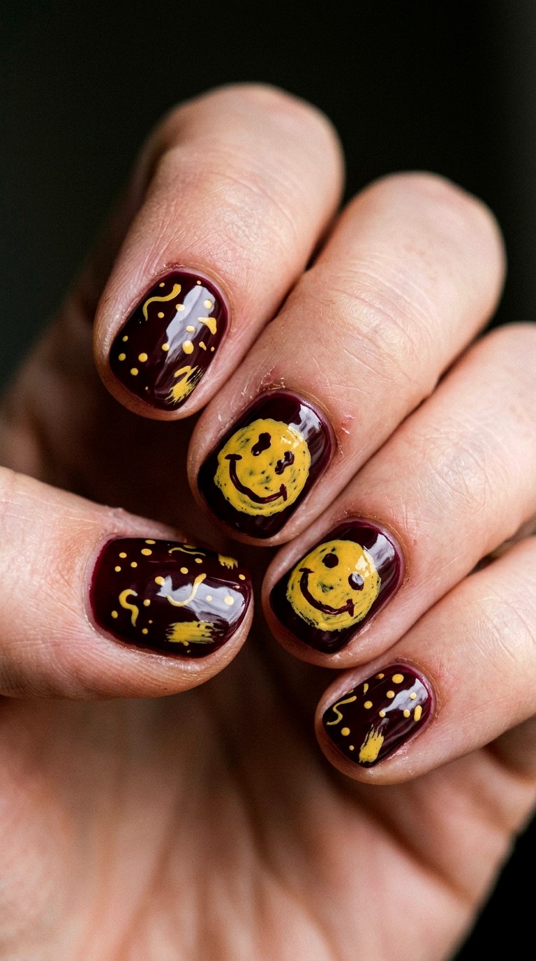 Grunge Smiley Face Nail Art - 23 short teen nail art ideas