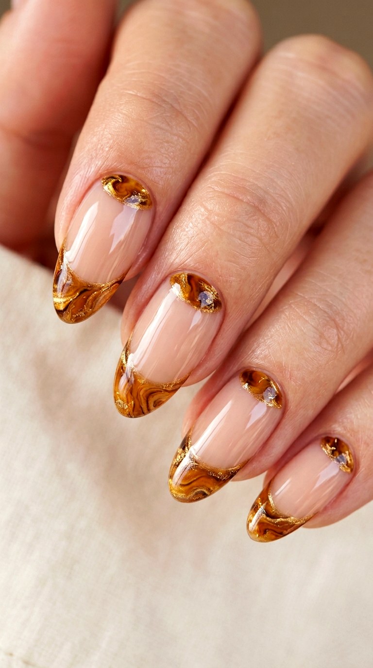 Half Moon Amber Marble Design - 22 Glossy Amber Marble Nails