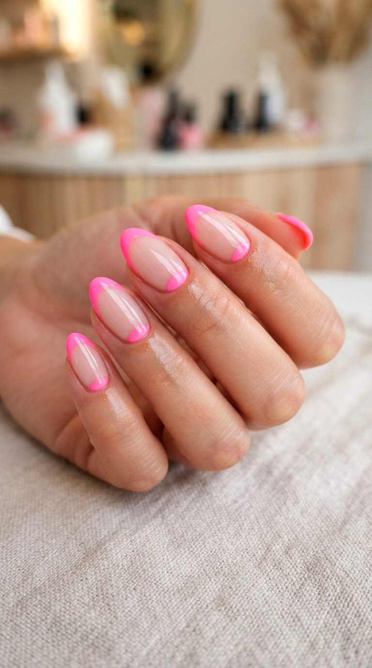 Half Moon Bright Pink French Nails - 22 bright pink french nails