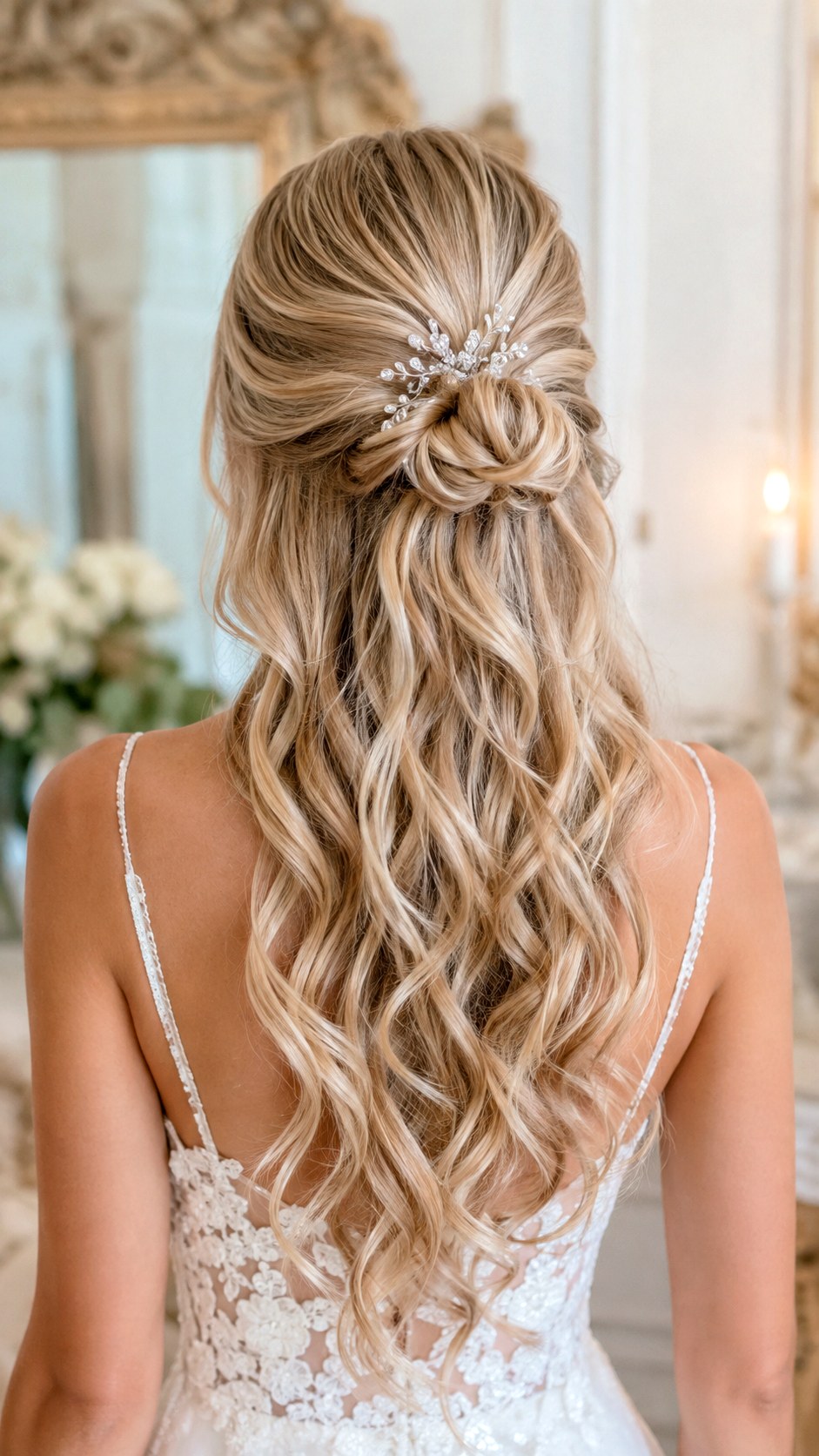 Half Up Half Down Low Bun Bridal Look - 25 low bun hairstyles wedding ideas