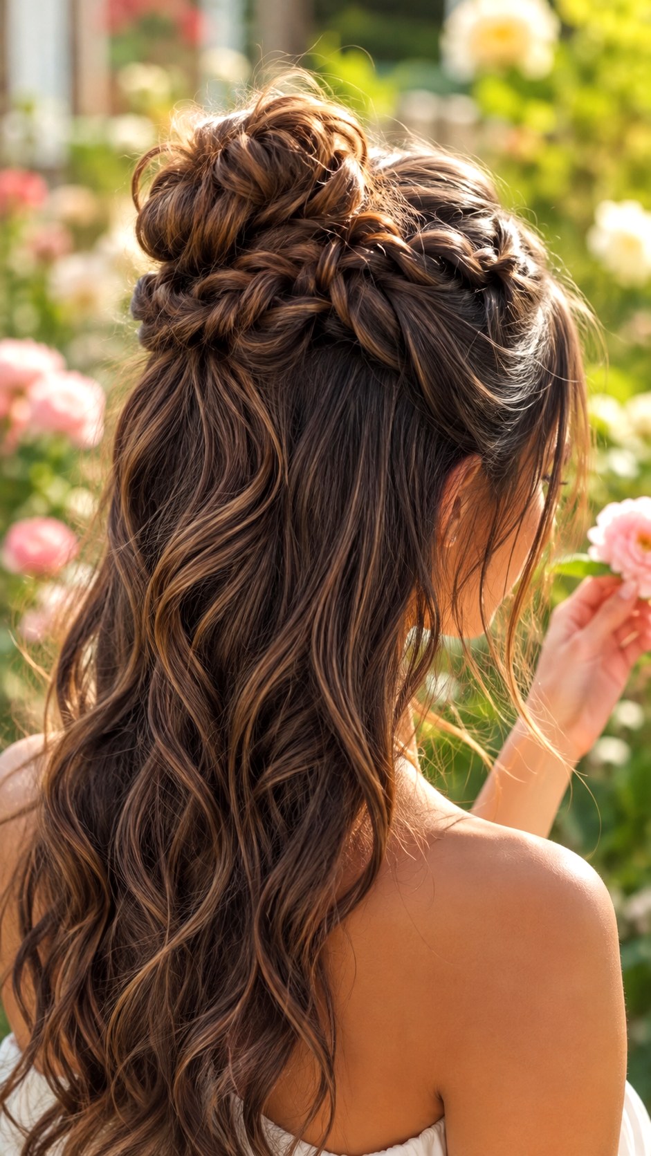Half Up Woven Crown Bun - 23 elegant bun hairstyles classy ideas