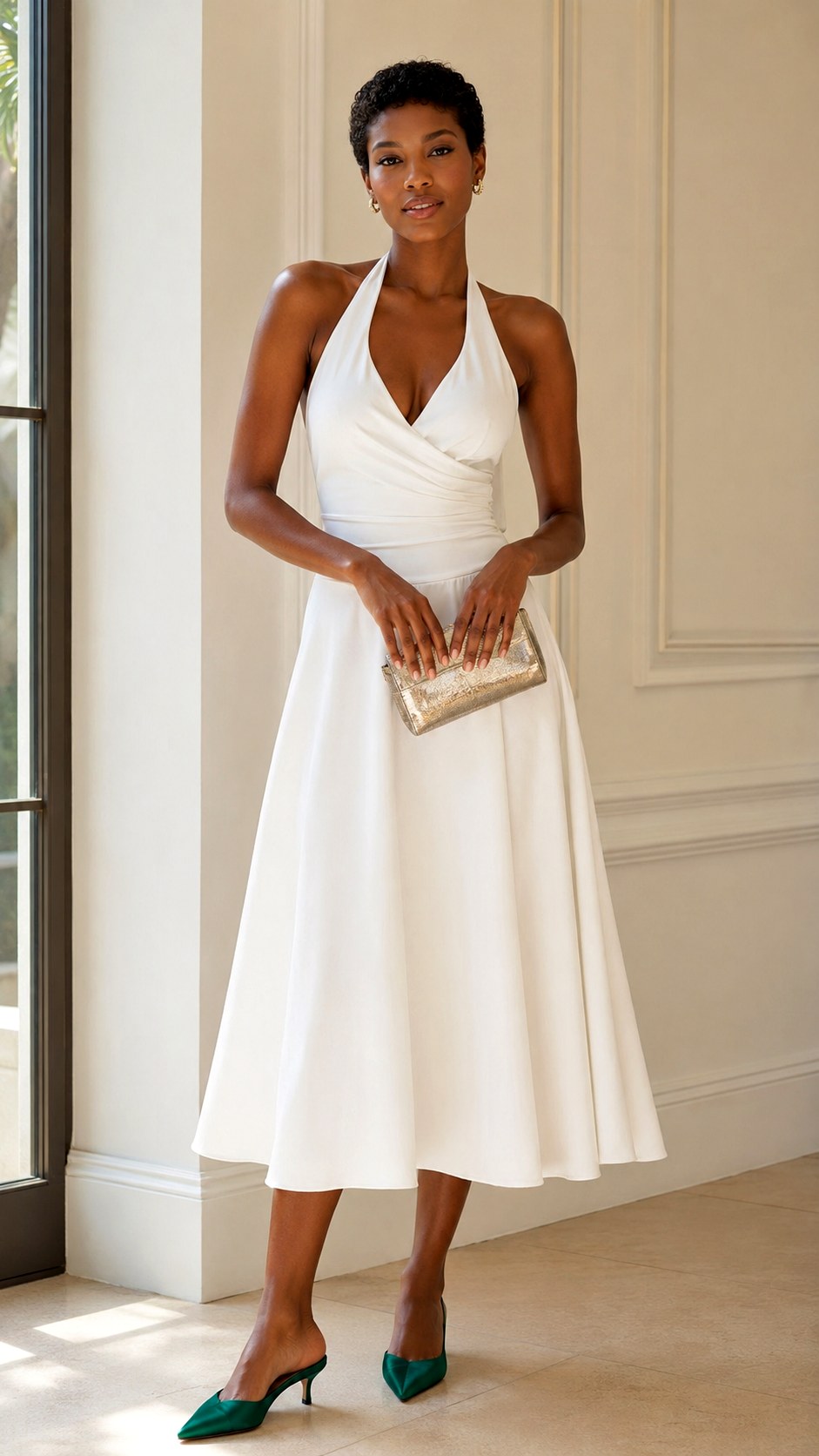 Halter Neck White Sundress With Kitten Heels - 21 white sundress outfit ideas