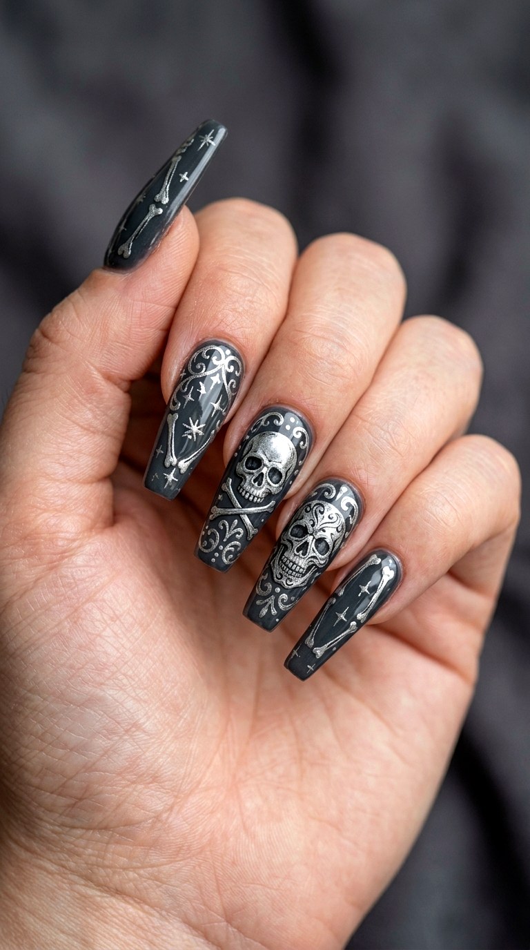 Haunting Silver Skull Nail Art - 23 gothic coffin nail art designs
