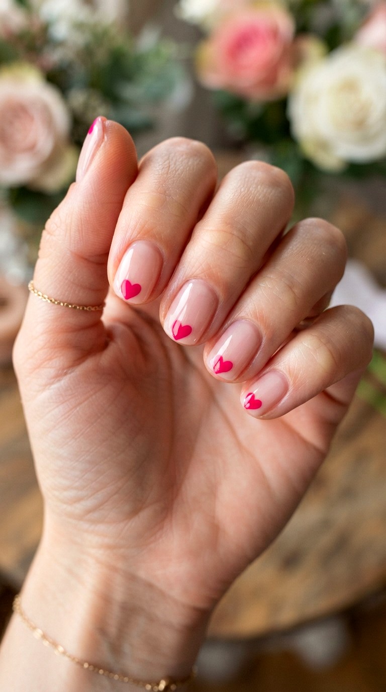 Heart Tipped Bright Pink French Nails - 22 bright pink french nails