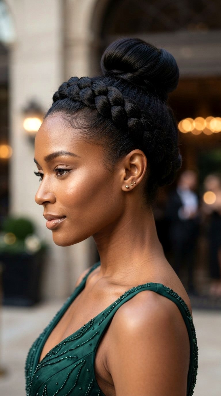 High Braided Crown with Top Bun - 20 prom bun hairstyles ideas