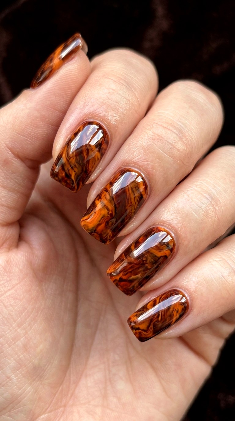 High Gloss Autumn Amber Nails - 22 Glossy Amber Marble Nails