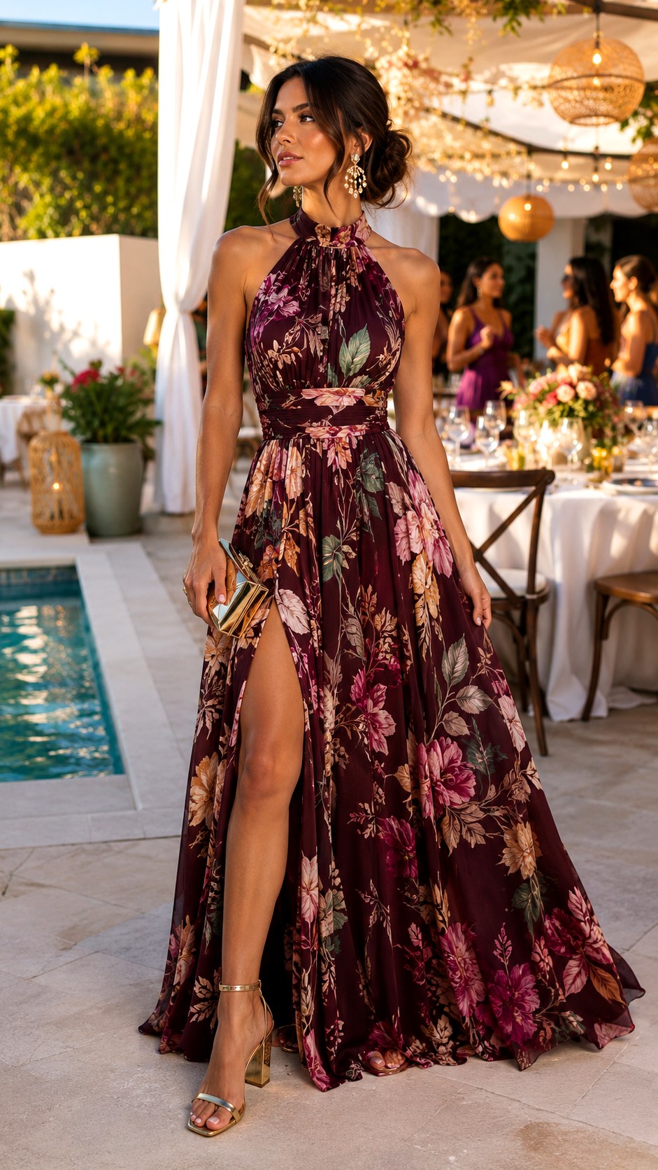 High Slit Floral Dress With Block Heels - 25 Summer Maxi Outfit Ideas