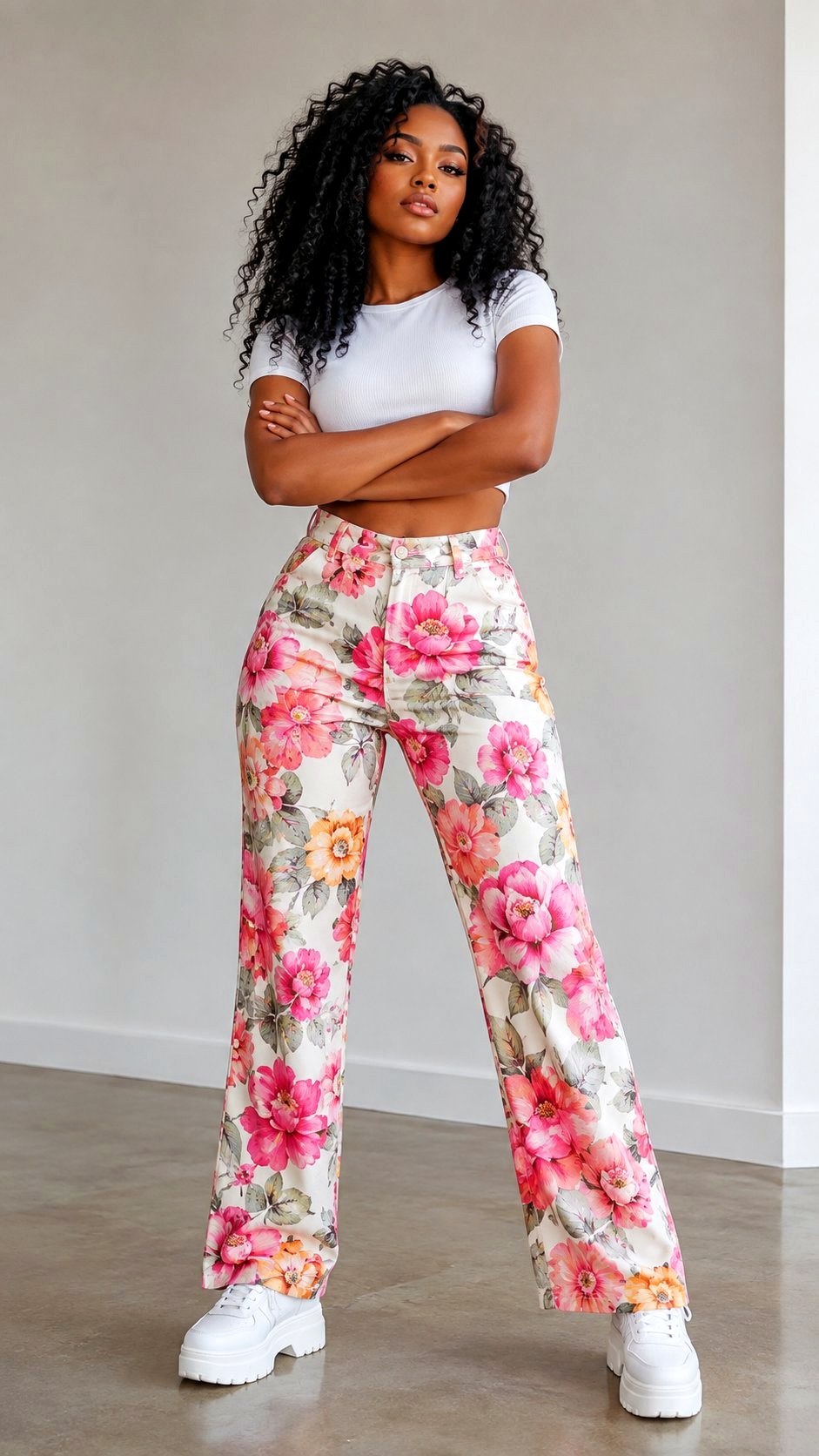 High Waisted Floral Print Pants and Crop Top - 21 floral print pants ideas