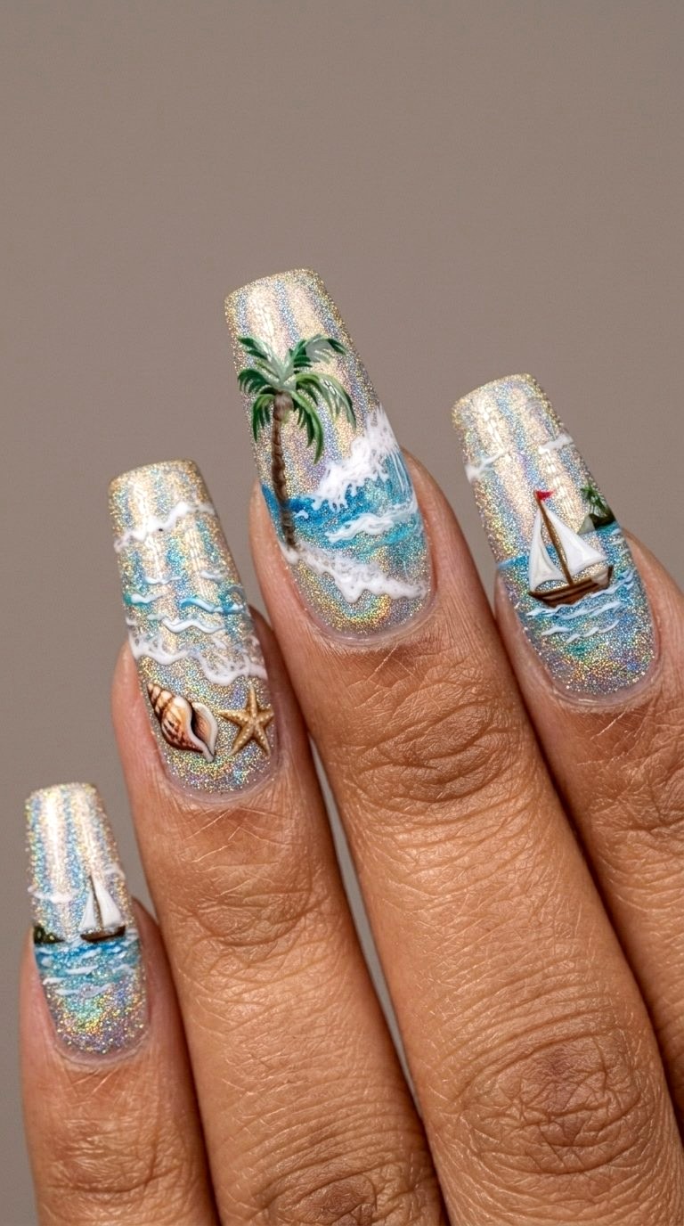 Holographic Beach Scene Tip - 20 Summer Acrylic Nail Art Ideas