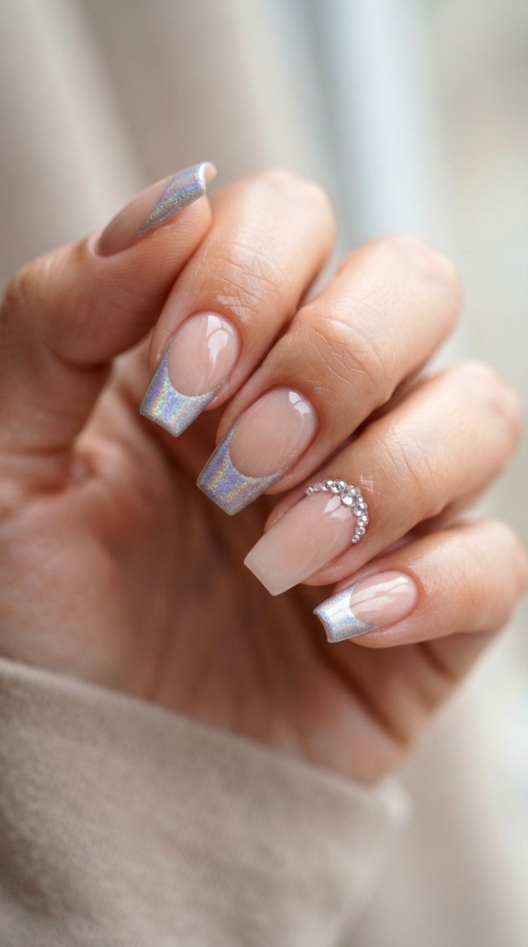 Holographic Crystal French Nail Art - 21 back to school nail art design