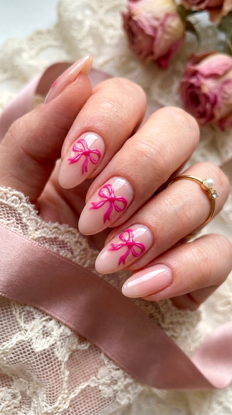Hot Pink Coquette Bows - 22 Simple Summer Nail Designs
