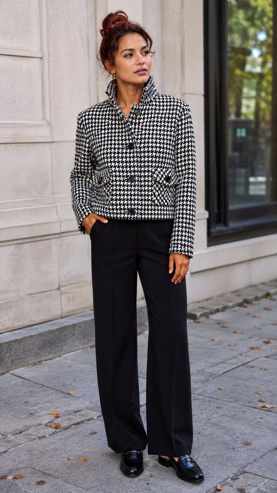 Houndstooth High Collar Jacket Look - 21 high collar jacket outfit ideas