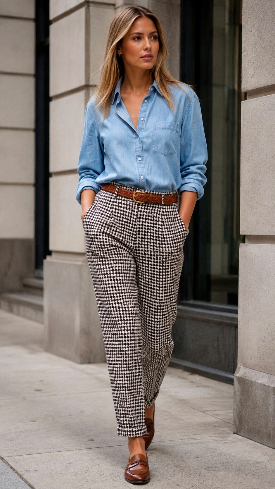 Houndstooth Trousers With Chambray Shirt - 23 printed trousers outfit ideas