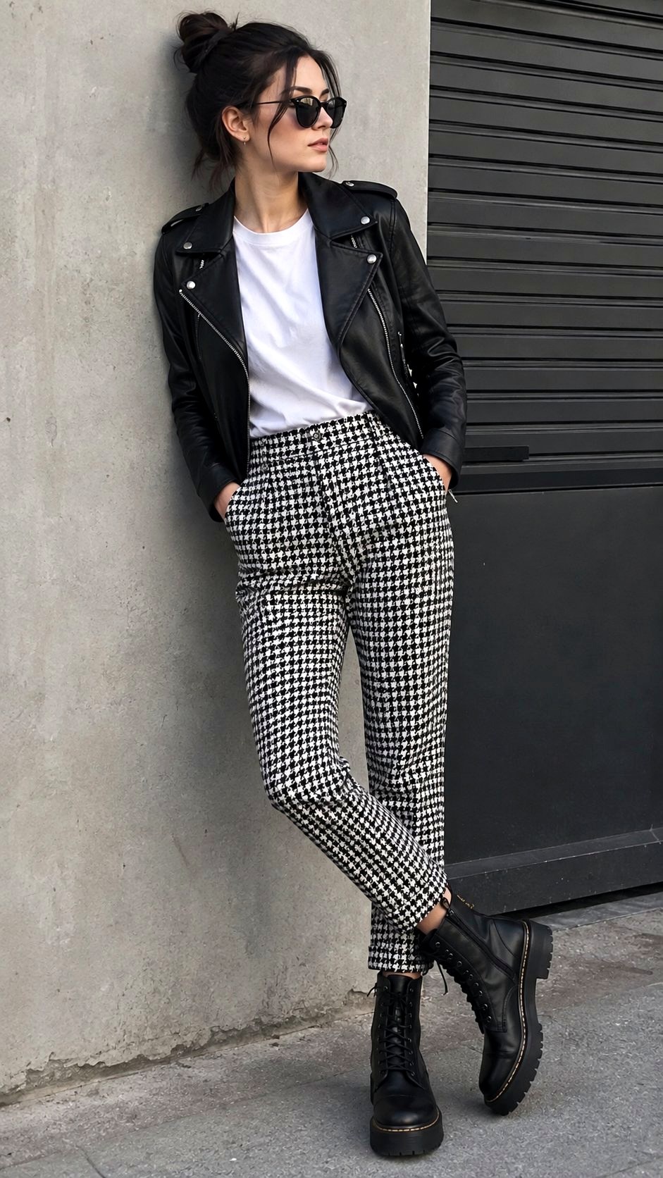 Houndstooth Trousers With Leather Moto Jacket - 23 printed trousers outfit ideas