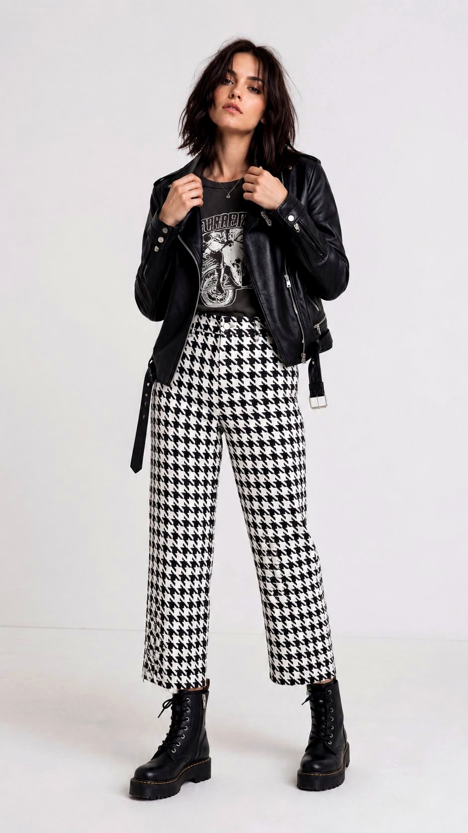Houndstooth Trousers with Leather - 23 printed pants style ideas