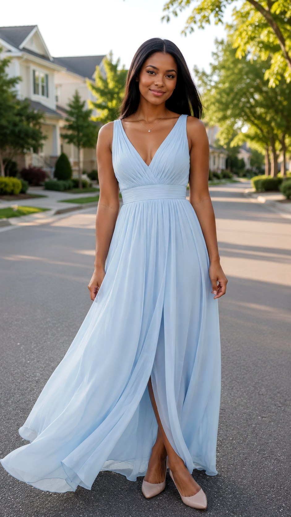 Ice Blue V Neck Chiffon Gown - 20 ice blue wedding dress outfit ideas