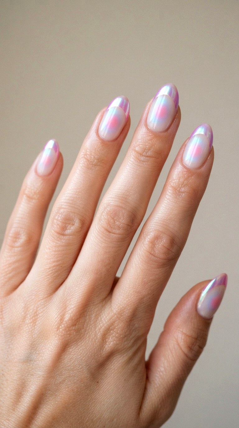 Iridescent Aura French Tip Nails - 24 thick french tip nail art designs