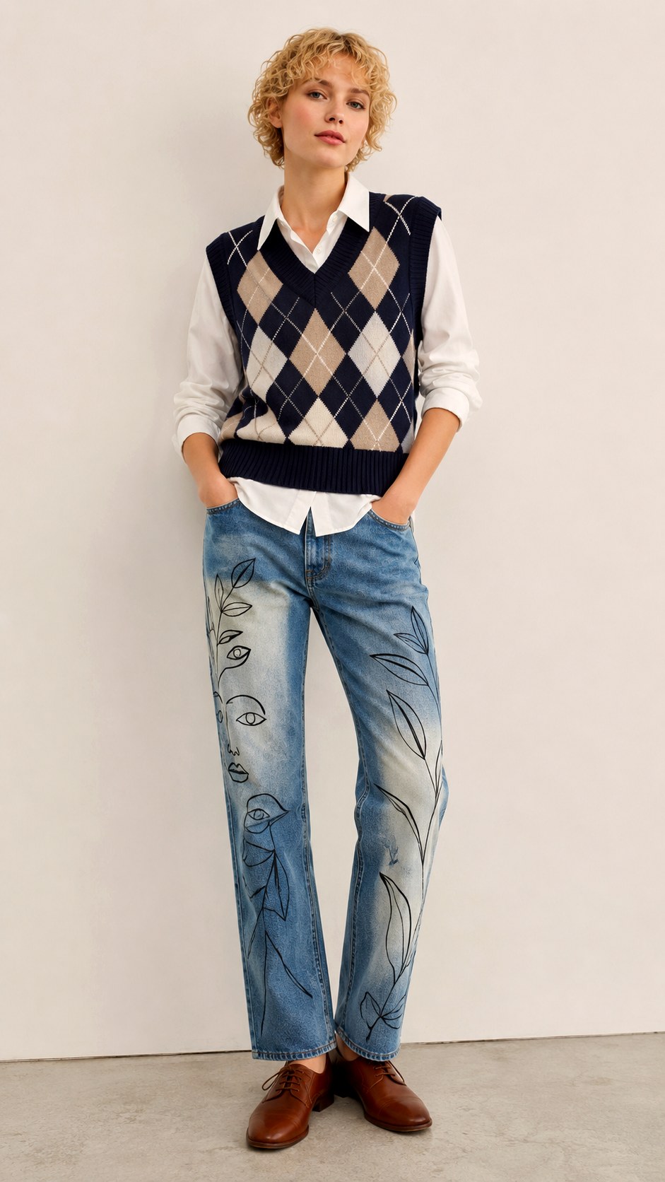 Knit Vest Painted Jeans Look - 23 senior painted jean outfit ideas