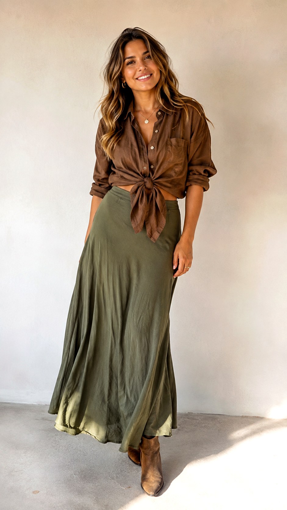 Knotting Brown Linen Shirt With Maxi Skirts - 23 brown linen shirt outfit ideas