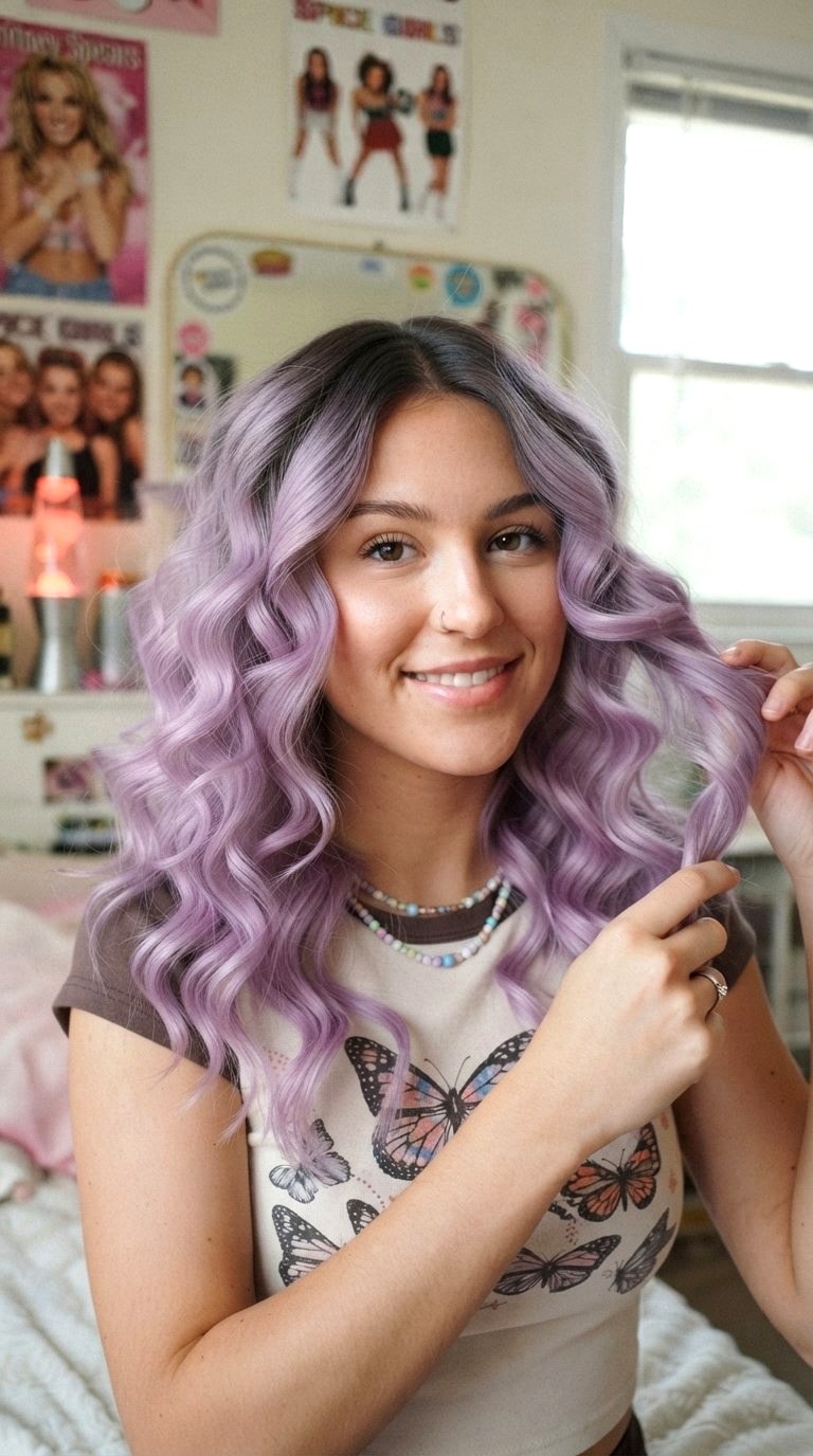Lavender Ash Root Melt on YK Waves - 21 long hair color ideas