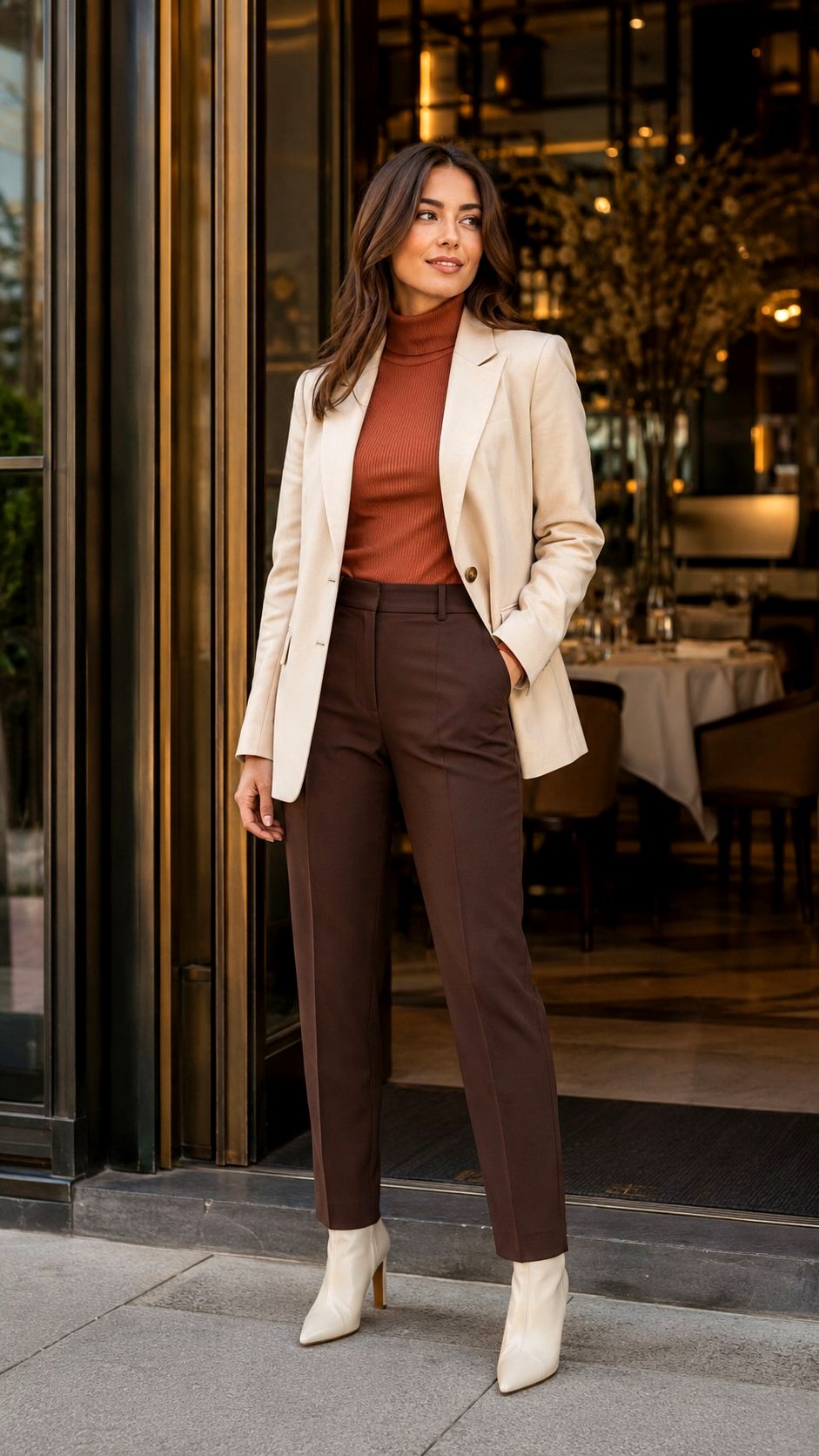 Layered Cream Blazer Over Terracotta Turtleneck - 20 Terracotta & Cream Blazer Outfit Ideas