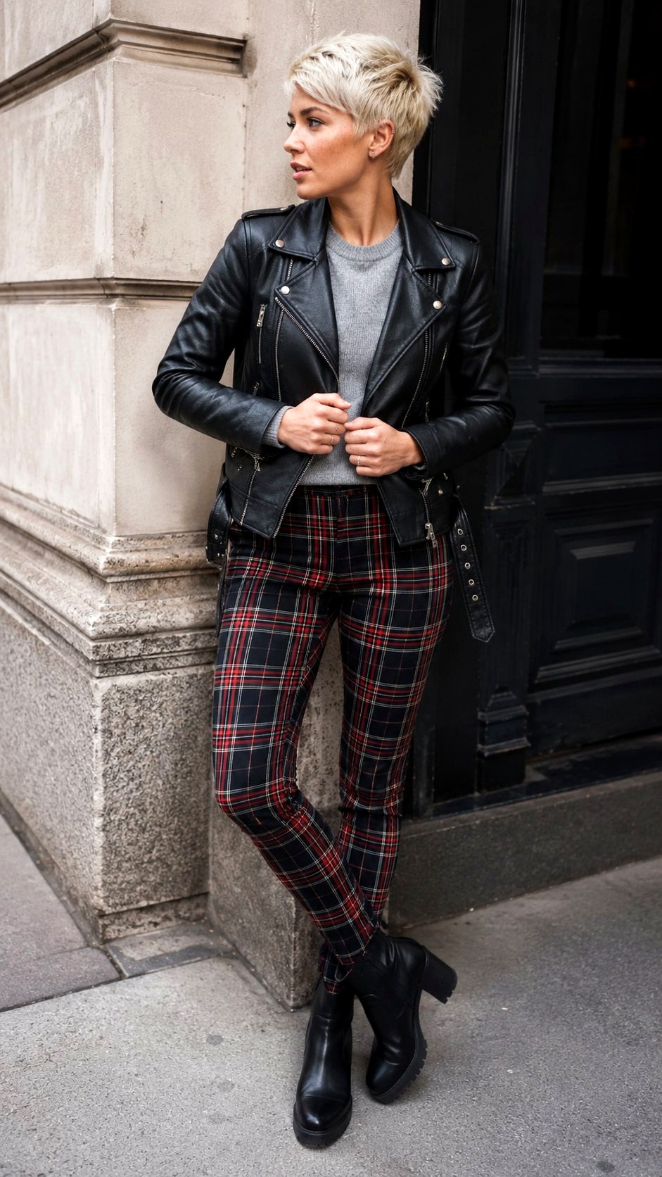 Leather Moto Jacket and Plaid Jeans - 20 printed jeans ideas