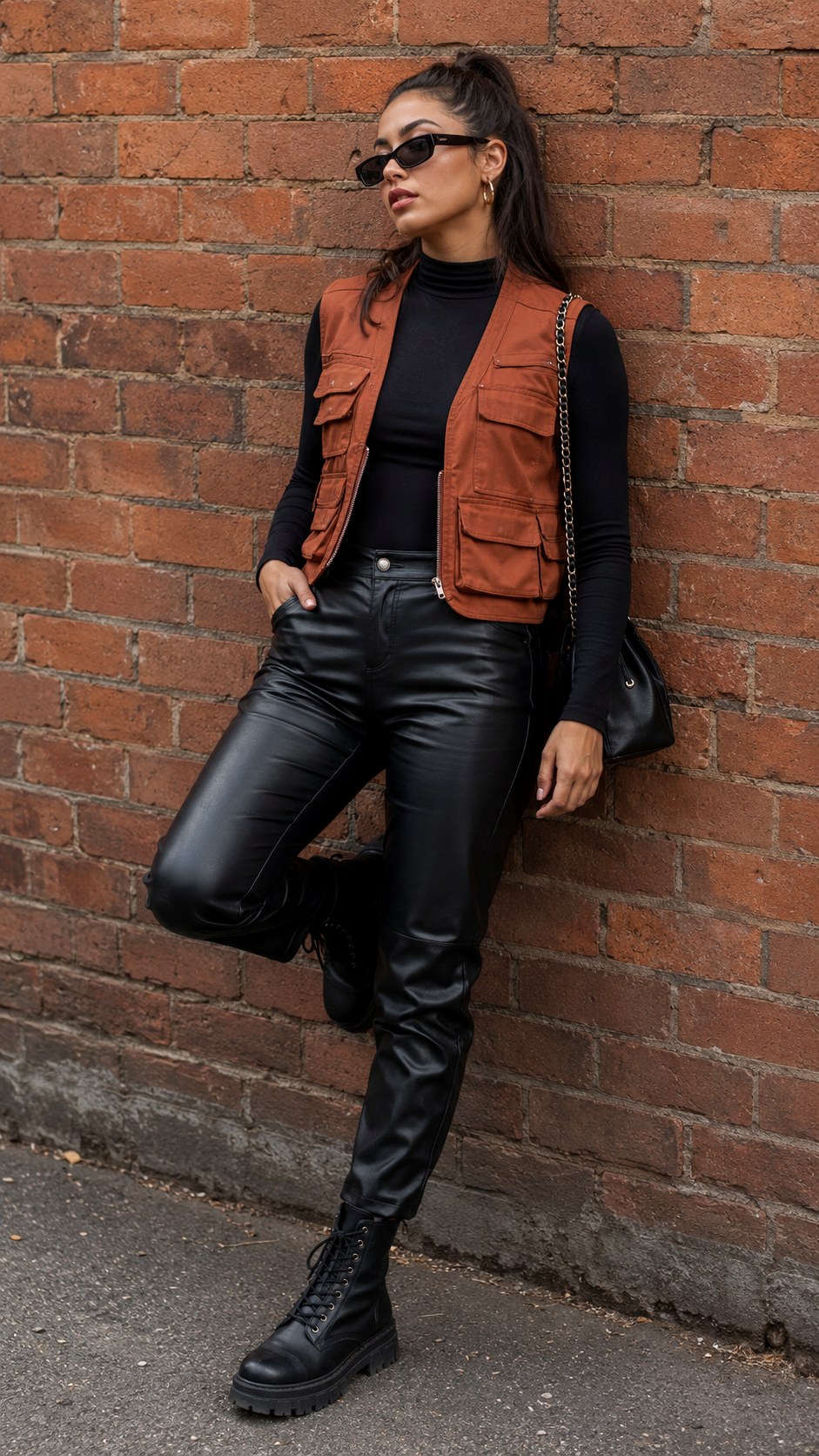 Leather Pants With Terracotta Vest - 21 Terracotta Vest Outfit Ideas
