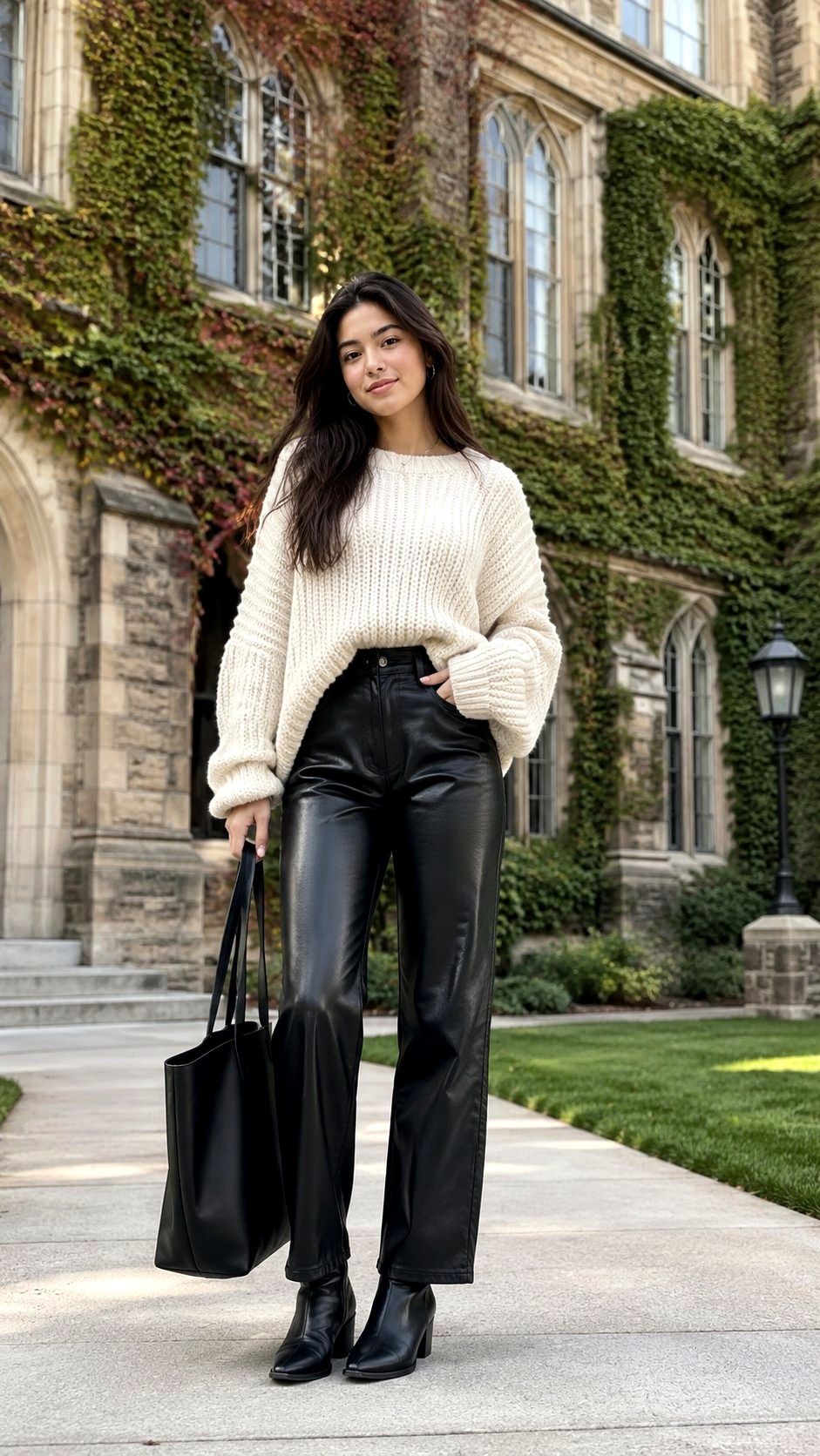 Leather Pants with Chunky Knit - 21 Back to School  And High School Outfit Ideas
